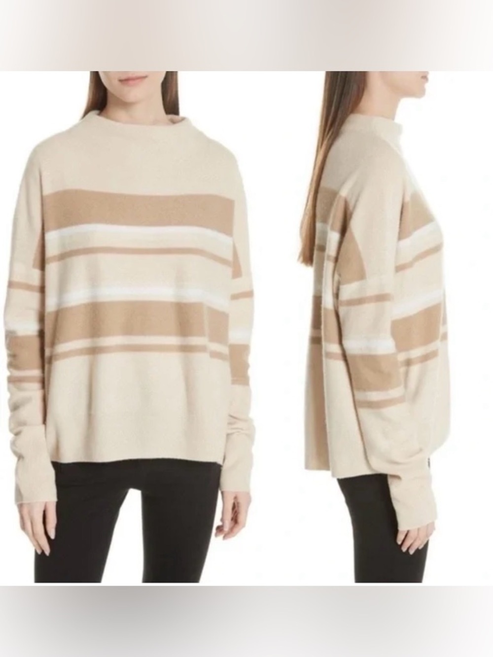 Vince Cashmere Sweater Ombré Striped Mock Neck in Cream and Tan